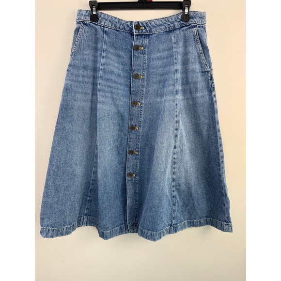 Tommy Hilfiger Dresses & Skirts - Tommy Hilfiger Denim Midi Skirt Button Front Medium Wash Blue A-Line Womens 8